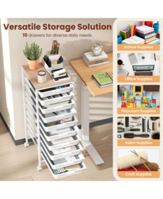 10-Drawer Rolling Storage Cart Mobile Utility Organizer with Wooden Tabletop and Lockable Wheels
