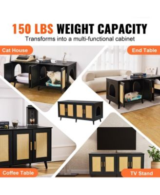 Wooden Cat Litter Box Enclosure for 2 Cats with Rattan Doors