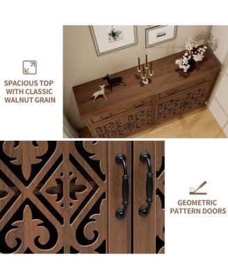 Vintage Sideboard Buffet Cabinet, Entryway 4 Doors Storage Cabinet with Hand-Carved Hollow Doors, 2 Drawers and Metal Handles for Living Room