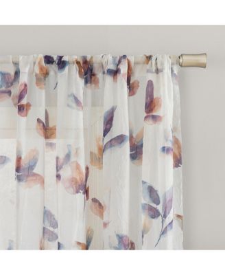  Floral Print Sheer Rod Pocket Curtain Panel