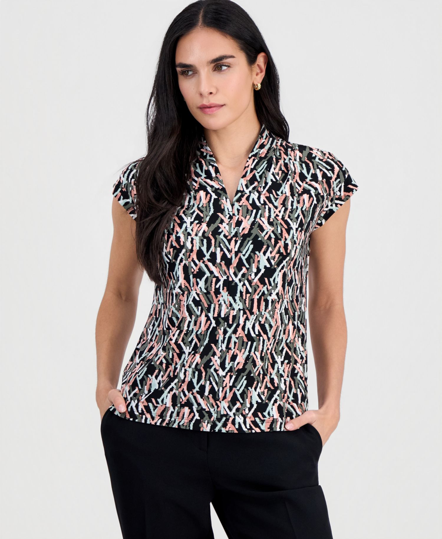 Petite Printed V-Neck Cap-Sleeve Blouse