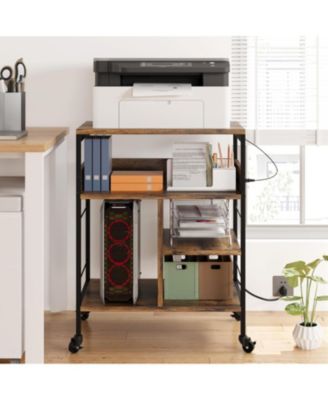 3-Tier Mobile Printer Stand with Charging Station, USB Ports, Storage Shelf, Under Desk Cart with Wheels for Living Room/Kitchen