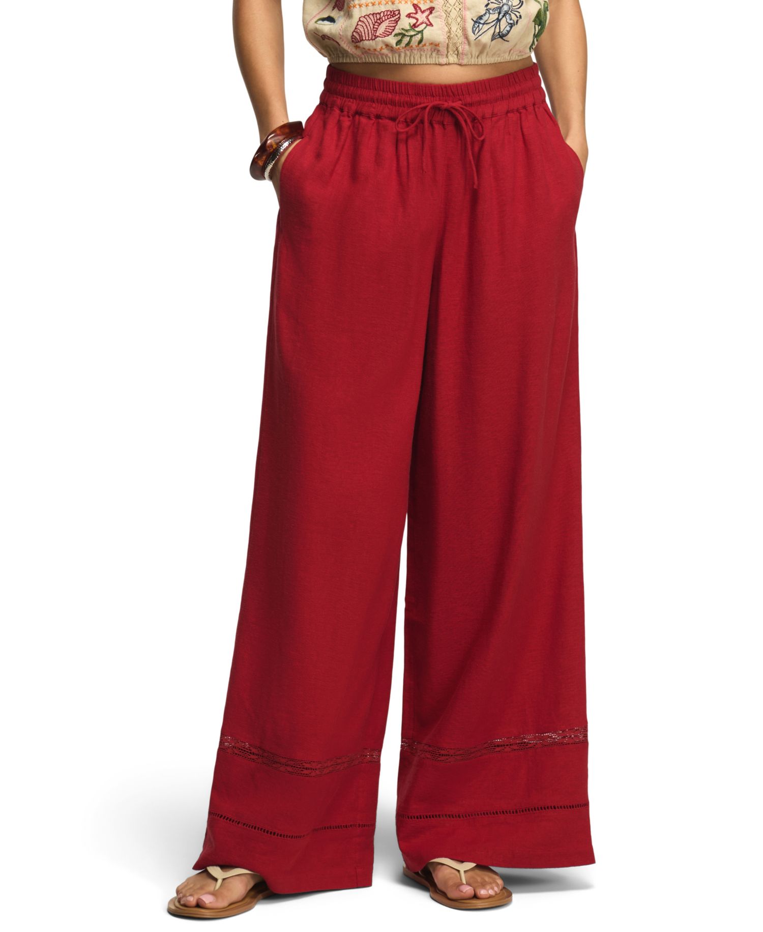 Women's Wide-Leg Lace Trim Pull-On Pants