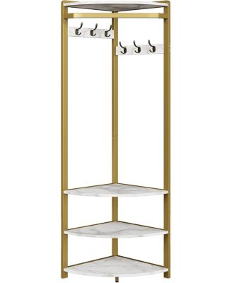 Corner Hallway Coat Rack, Shoe Storage Shelves, 6 Double Hooks, Free-Standing Column for Bedroom, Living Room