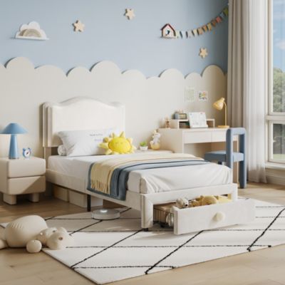 Versatile Scallop Headboard Twin Bed Frame - Upholstered Platform with Storage Drawer - Sturdy Wooden Slats - Noise-Free - Easy Assembly