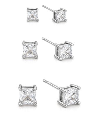 3-Pc. Set Silver Plated Square Cubic Zirconia Stud Earrings