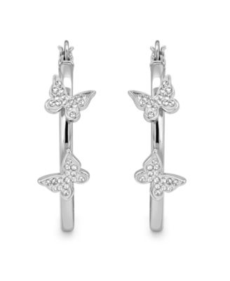 Hoop Earring with Clear Crystal Butterflies in Silver Plate or Gold Plate