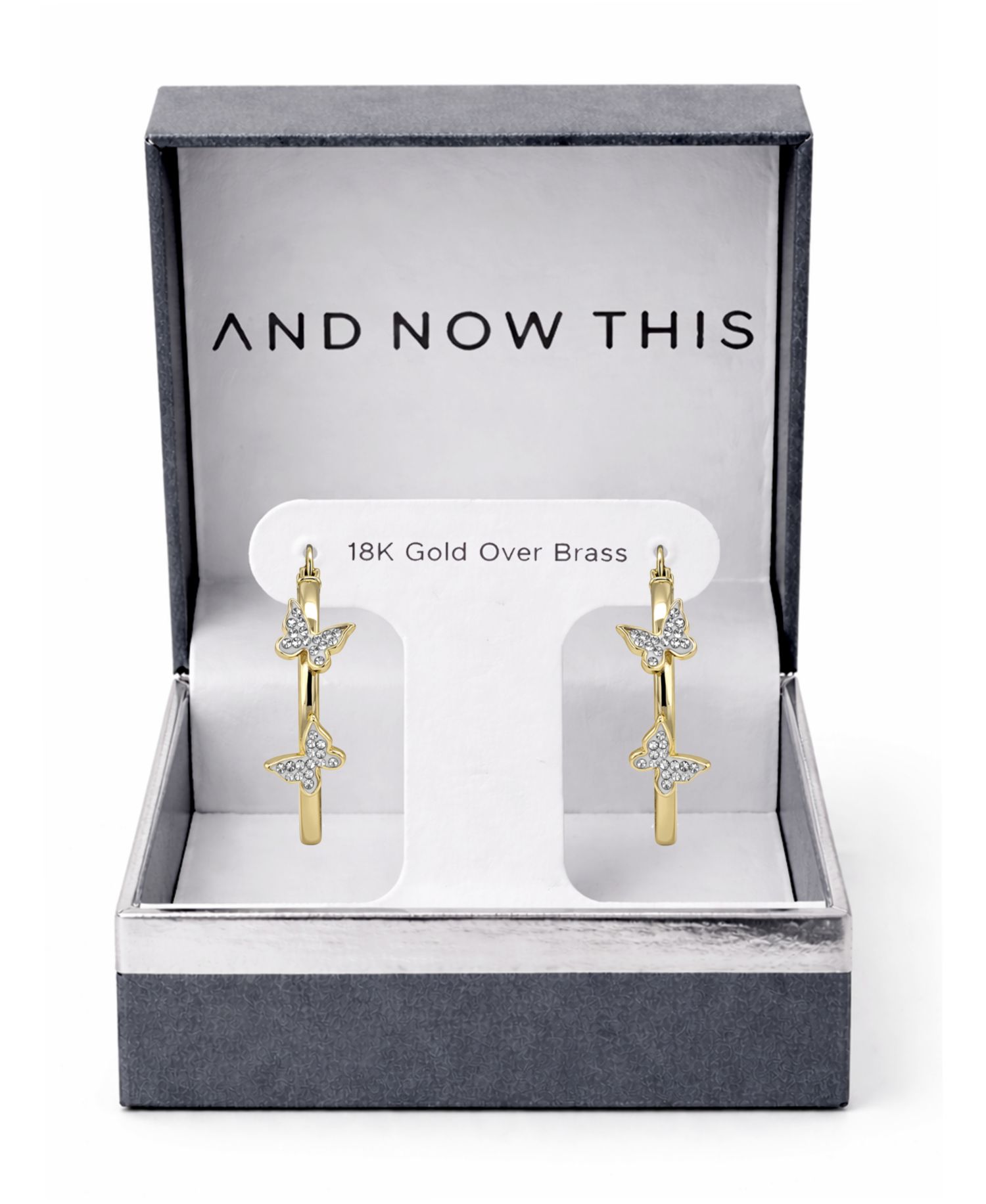 Hoop Earring with Clear Crystal Butterflies in Silver Plate or Gold Plate
