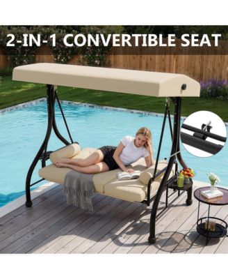 3-seat porch swing with stand, adjustable canopy, 800 lb capacity, cup holder tray, cushions and pillows for outdoor patios.