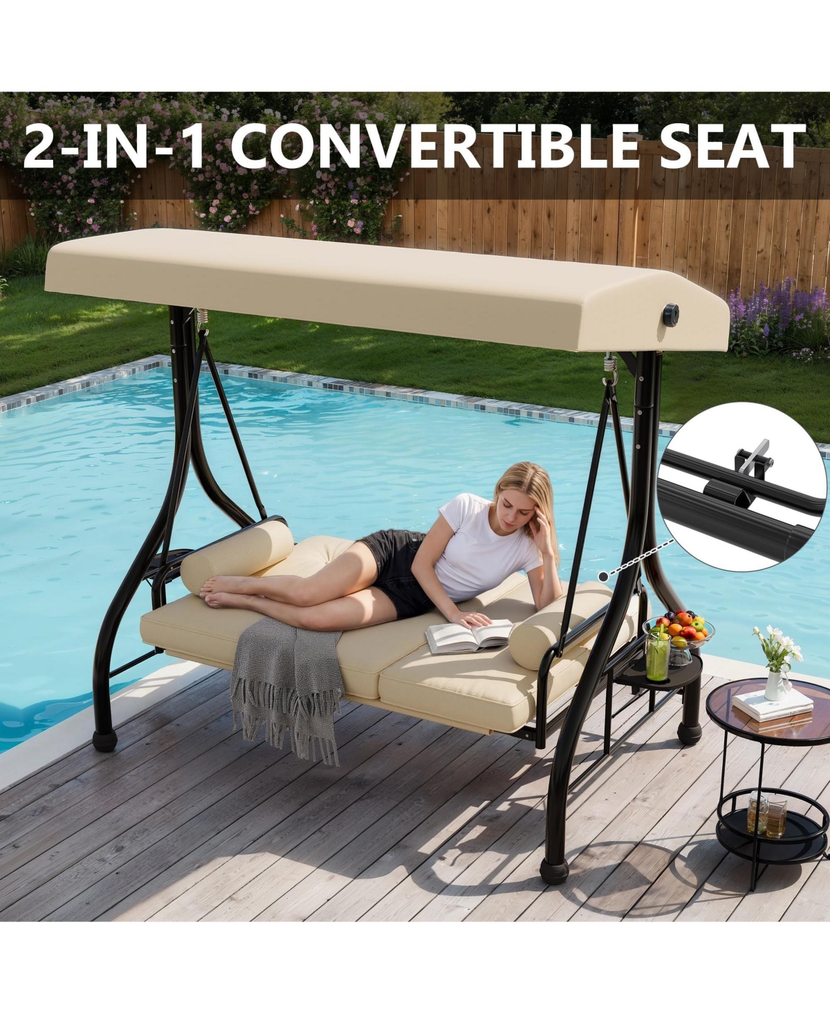 Homfan 3-seat porch swing with stand, adjustable canopy, 800 lb capacity, cup holder tray, cushions and pillows for outdoor patios.