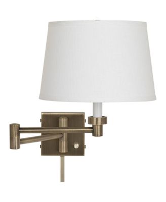 Modern Swing Arm Wall Lamp with Cord Cover Antique Brass Plug-In Light Fixture White Linen Drum Shade for Bedroom