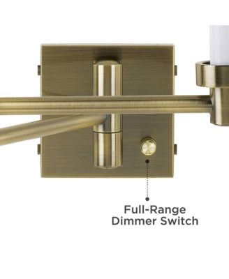 Modern Swing Arm Wall Lamp with Cord Cover Antique Brass Plug-In Light Fixture White Cotton Cylinder Shade Bedroom