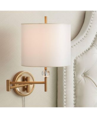 Kohle Modern Swing Arm Wall Lamps Set of 2 Polished Brass Plug-In Light Fixture White Drum Shade for Bedroom