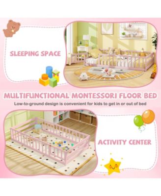 Twin Size Kids Montessori Floor Bed with Door and Protective Fence