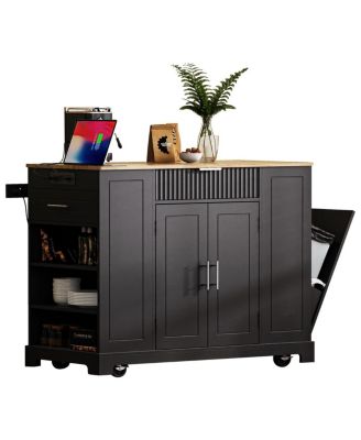  Rolling Kitchen Island Trash, Power, Storage