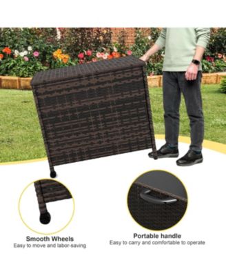 80 Gallon Outdoor Wicker Deck Box Storage Bench with Wheels Waterproof Rattan Bin for Patio Cushions