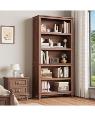 71 Inch Tall Bookcase with Adjustable Shelves and 31.5 Inch Width, 5 Tier Farmhouse Bookshelf with Wooden Legs