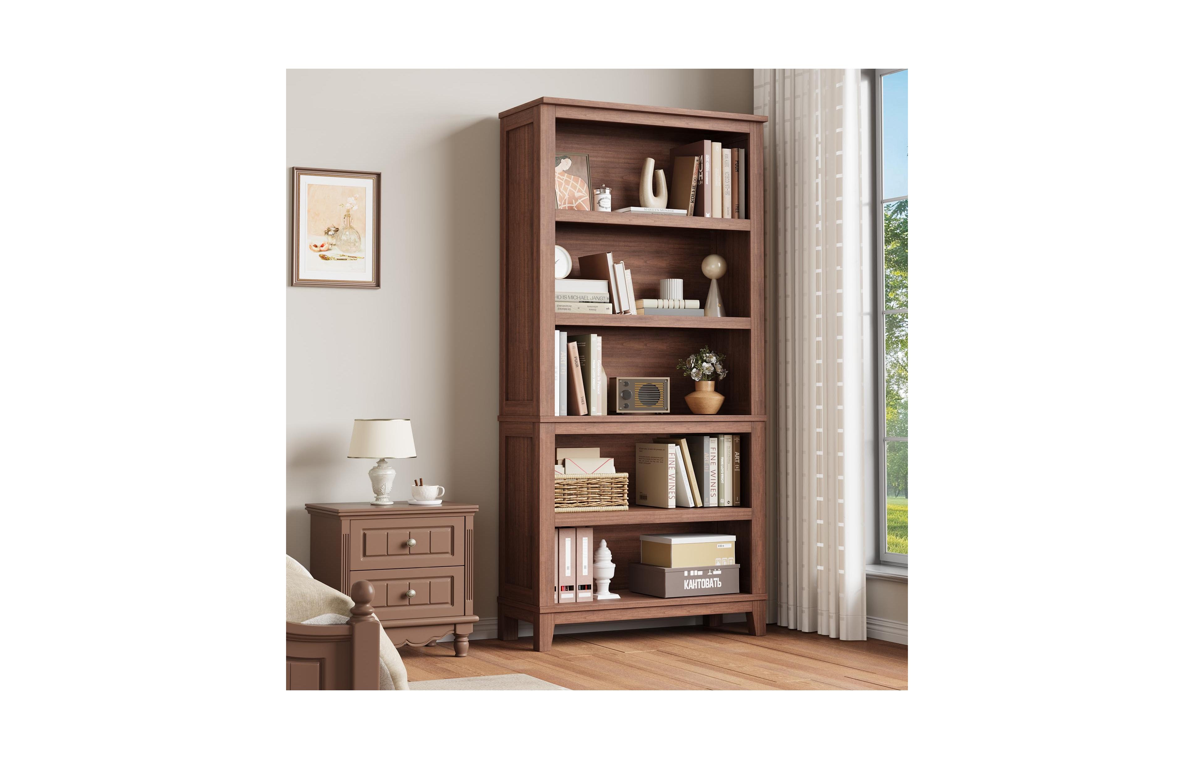 gaomon 71 Inch Tall Bookcase with Adjustable Shelves and 31.5 Inch Width, 5 Tier Farmhouse Bookshelf with Wooden Legs