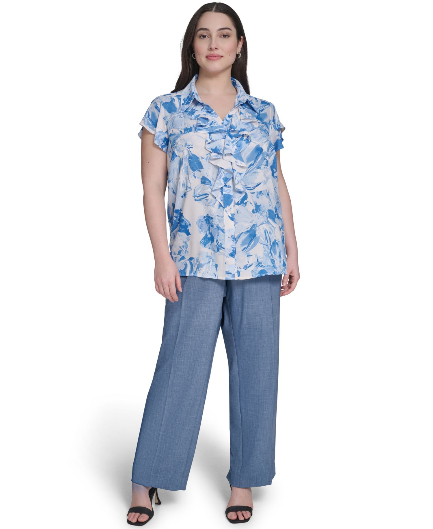 Plus Size Cap-Sleeve Ruffle-Front Collared Top