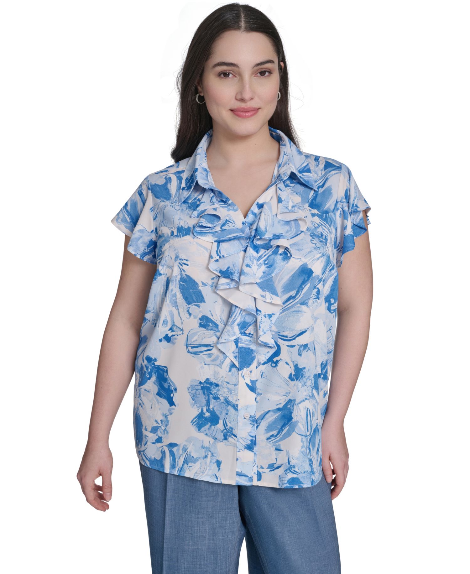 Plus Size Cap-Sleeve Ruffle-Front Collared Top