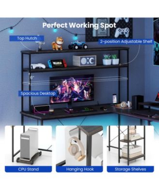 L-Shaped Reversible Gaming Desk with LED Lights, Power Outlets, Monitor Stand and Hutch