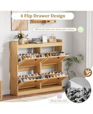 2-Pack Shoe Cabinet with 4 Deep Flip Drawers, Freestanding Wood Shoe Organizer with 3-Tier Adjustable Rattan Shelves