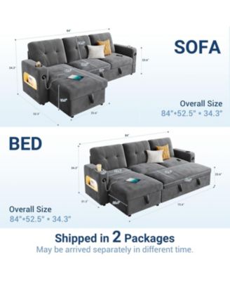 84 in Sleeper Sofa Couch, L-Shaped Sofa, Convertible Pull Out Sofa Bed with Storage, Charging Station, Led Lights