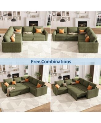Corduroy U Shaped Sectional Sleeper Sofa with Pull Out Bed, Storage Seat & Ottoman