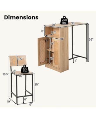3 PCS Bar Table and Chairs Set w/ 2 Bar Stools and Storage Shelves Backrests