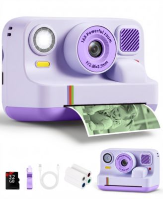Kids Instant Print Camera 48MP with 16X Digital Zoom, 1080P HD Video, Bluetooth, Dual Lens, 2.4" Screen - Includes 32GB SD Card & 3 Print Rolls