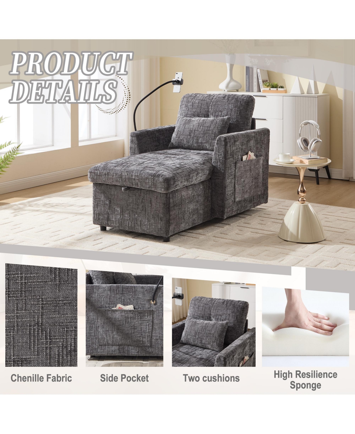 Rainsken Lazy Reclining Lounge Chair, Chenille Upholstered Single Sofa with Storage, Phone Holder and Side Pockets for Bedroom, Living Room