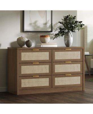 53" Rattan Dresser - 6-Drawer Wooden Chest with Handles, Modern Storage Organizer with Smooth-Glide Drawers