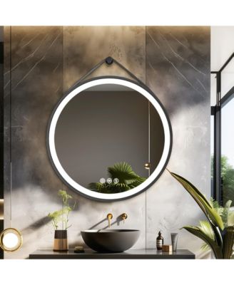 32" Circle Hanging Vanity Mirror for Wall with Leather Strap 3 Colors Dimmable for Bedroom Entryway