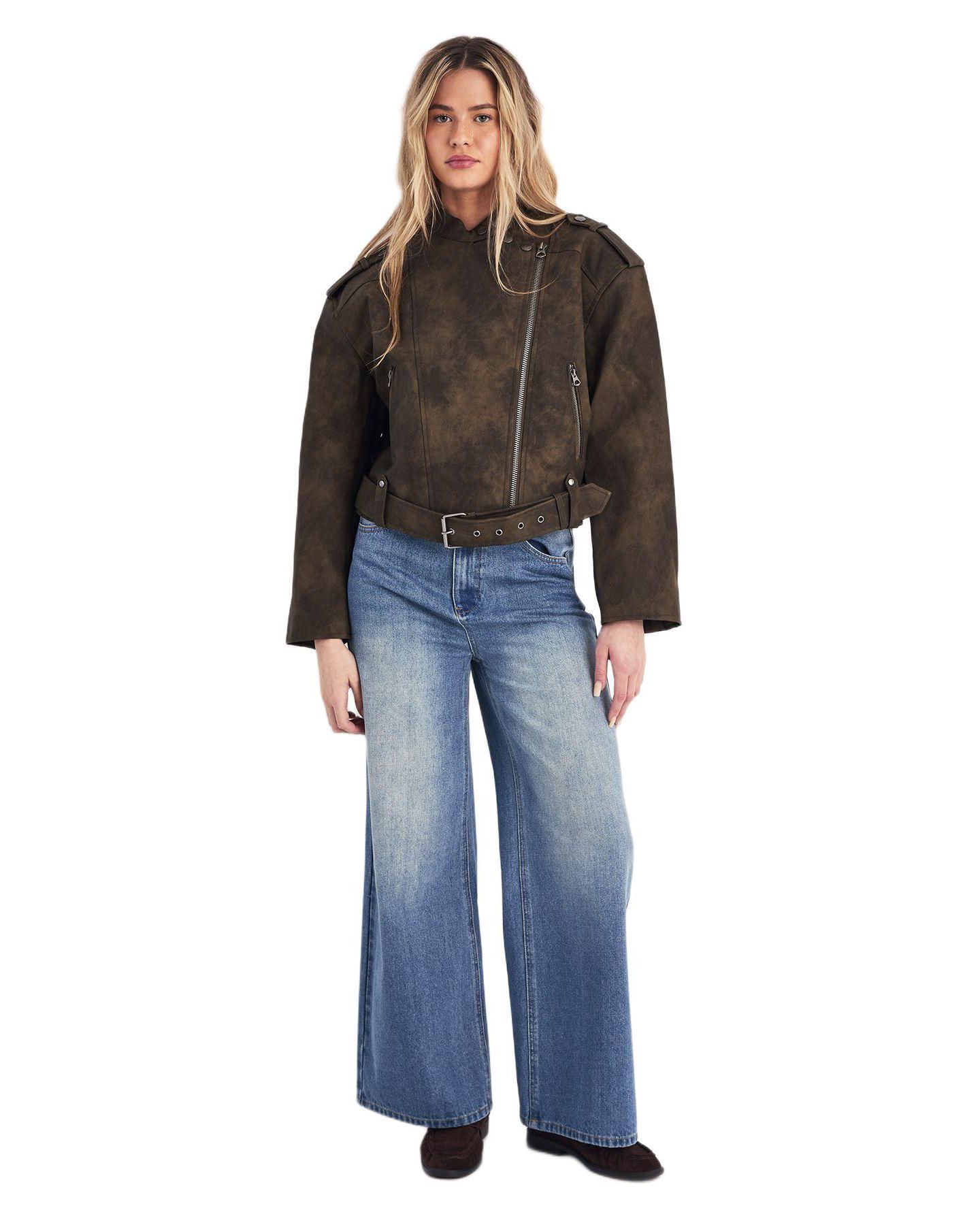 Женская куртка Nasty Gal Cropped Biker, цвет: Оливковый — фото 1