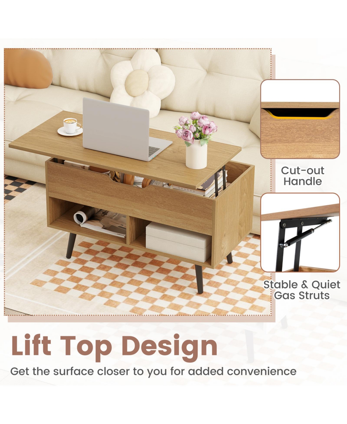 Slickblue Coffee Table Lift Top Hidden Storage 2 Open Shelves