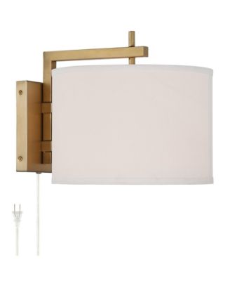 Adair Mid Century Modern Wall Lamp Warm Brass Metal Plug-in 12" Light Fixture Linen Drum Shade for Bedroom Reading Living Room Hallway