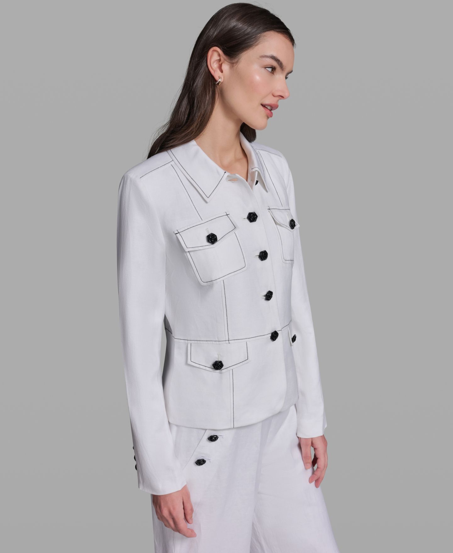 Женская куртка KARL LAGERFELD PARIS Linen-Blend Pocket Detail Collared, цвет: Мягкий белый — фото 3