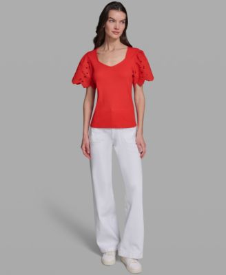 Women's Eyelet Mix Media V-Neck Top