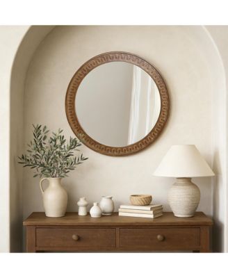 25.8'' Round Wall Mirror, Carved Rubberwood Frame, Living Room Wall Accent