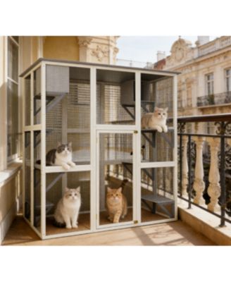 Zeus &  Ruta  Outdoor Weatherproof Cat Enclosure with Asphalt Roof 6 Platforms 2 Boxes Solid Wood Kennel Condo Playpen