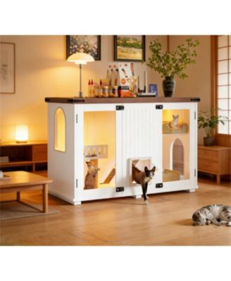  47.25" LED Light Litter Box Enclosure with Hidden Cat Furniture Cabinet, Stairway Scratching Post and Smart Doors