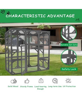 Large Cat Haven with Elevated Sleeping Platform, 71" Wooden Frame with Asphalt Roof, Indoor/Outdoor Enclosure with Wheels