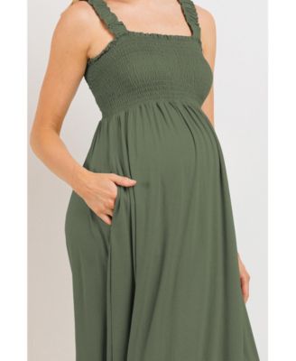 Maternity Smocked Bodice Sleeveless Dress with Ruffle Straps