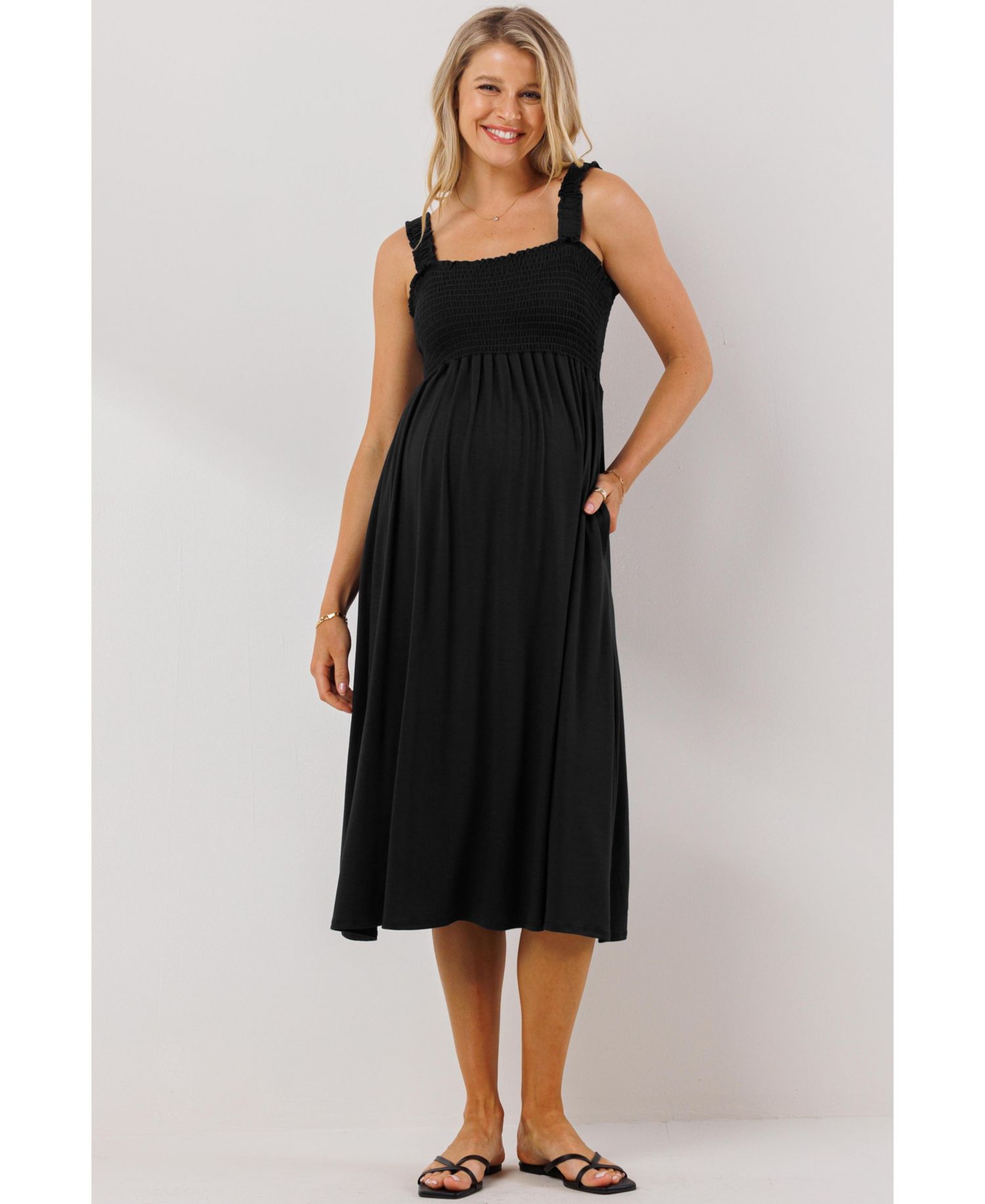 Maternity Smocked Bodice Sleeveless Dress with Ruffle Straps