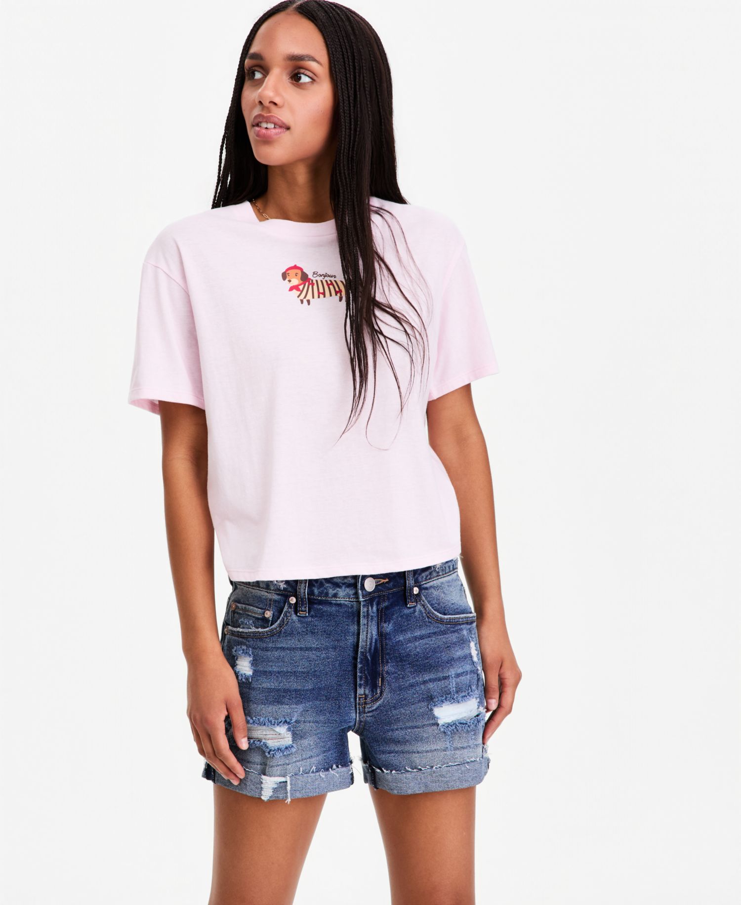 Juniors' Bonjour Dog Graphic Crop Tee