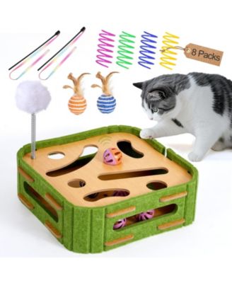 Interactive Cat Puzzle Feeder Wooden Toy Set with Jingle Balls Wands Spiral Springs for Indoor Cats