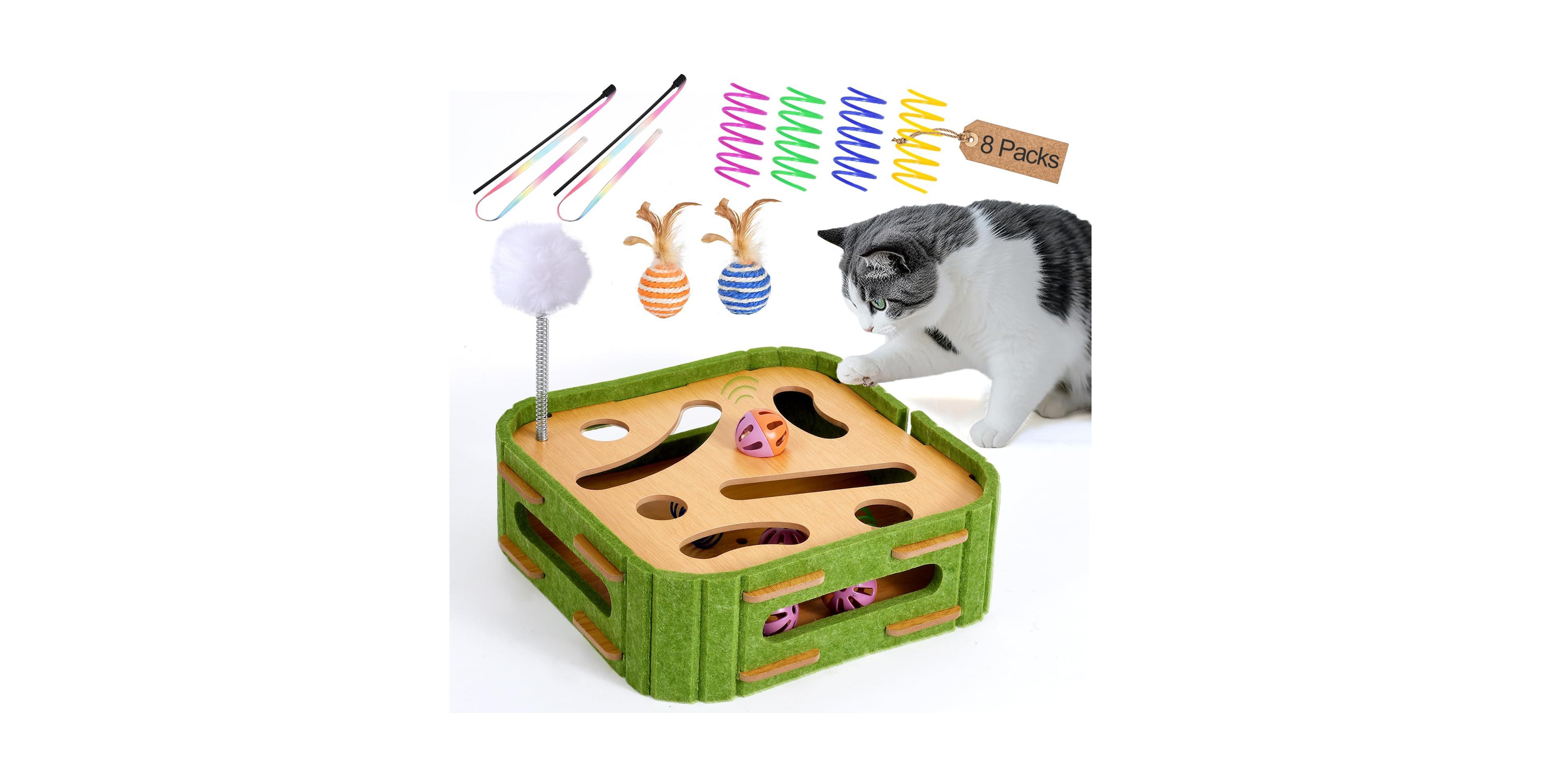 Aronkl Interactive Cat Puzzle Feeder Wooden Toy Set with Jingle Balls Wands Spiral Springs for Indoor Cats