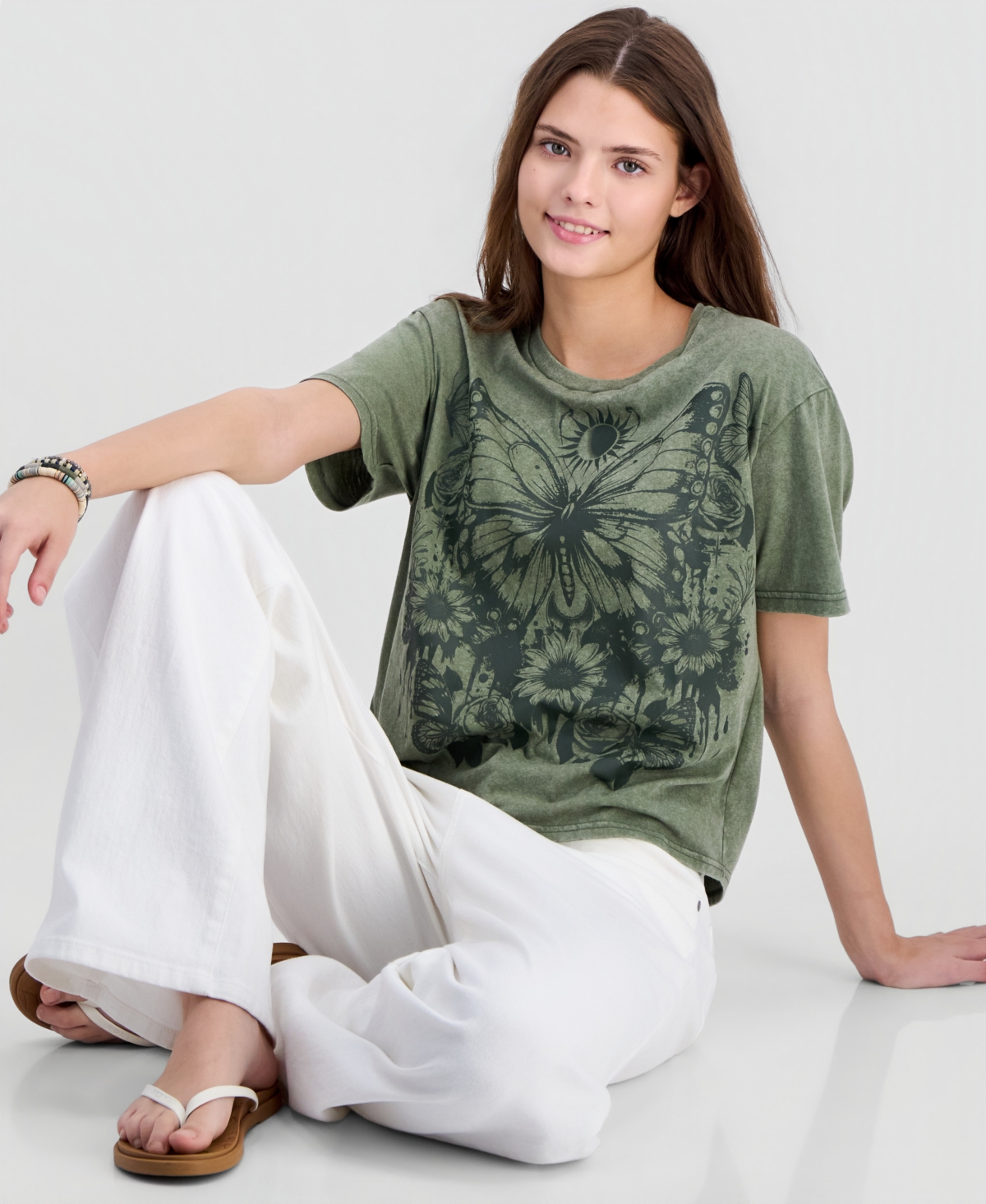 Rebellious One Juniors' Butterfly Mineral-Wash Round-Neck Tee