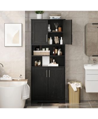 67" Tall Bathroom Cabinet, Freestanding Wooden Storage with 4 Doors, 2 Open Compartments, Adjustable Shelves, Microwave Stand