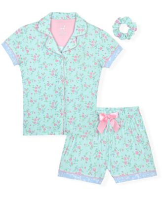Girls' 7-16 Short-Sleeve Top and Mint Floral Shorts Sleep & Play with Scrunchie, 3-Piece Set